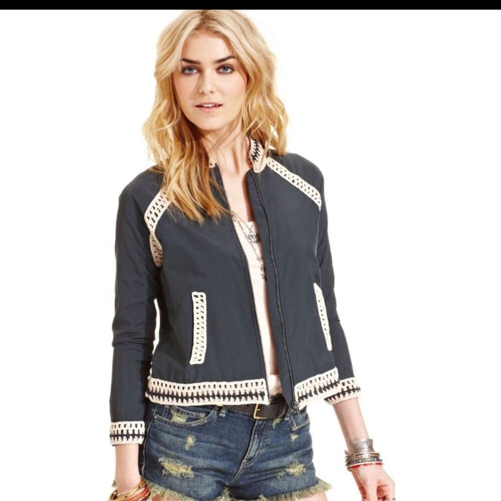 Free People Navy Crochet Trim Baseball Bomber Jacket Large